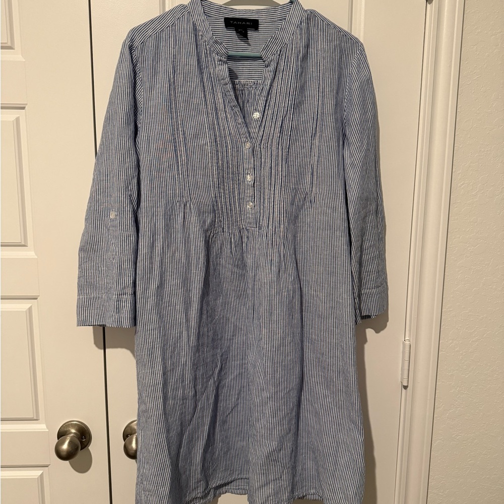 Tahari Blue and White Striped Mini Dress Linen/Cotton